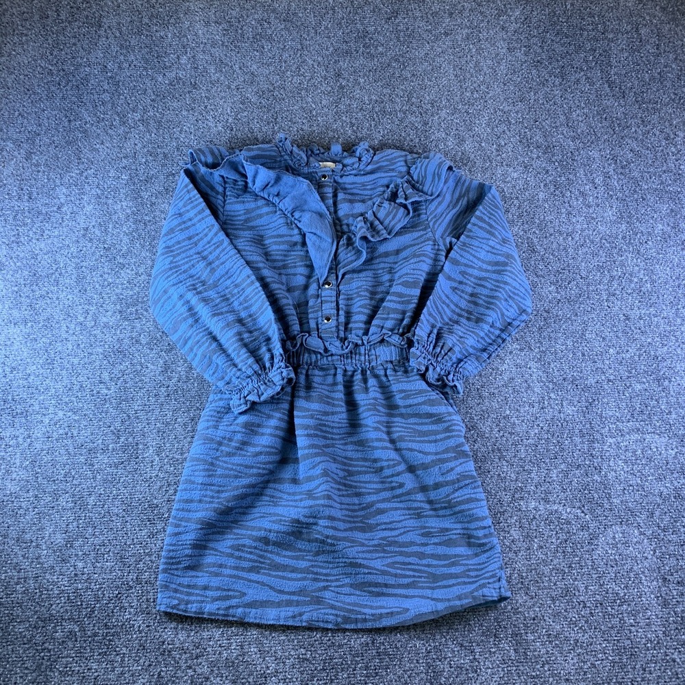 Louis Louise Folk Dress Girls 10 Blue Black Zebra Cotton Ruffled Puff Sleeve